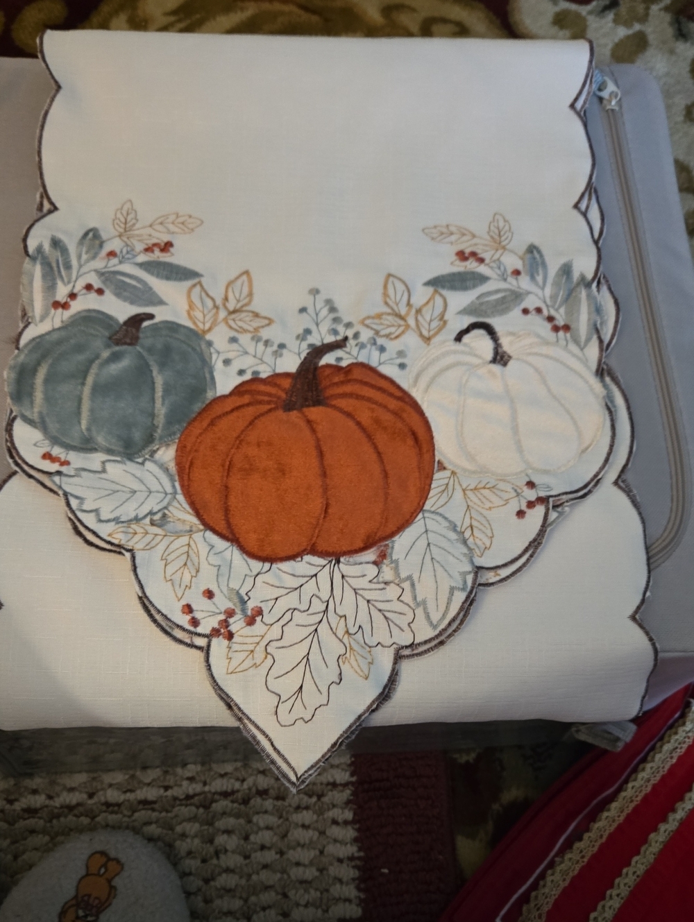 Embroidered Pumpkin Table Runner Panel - Orange, Blue Gray, White